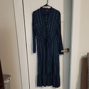 Chaps Long Sleeve Plaid Dress - Blue and Green